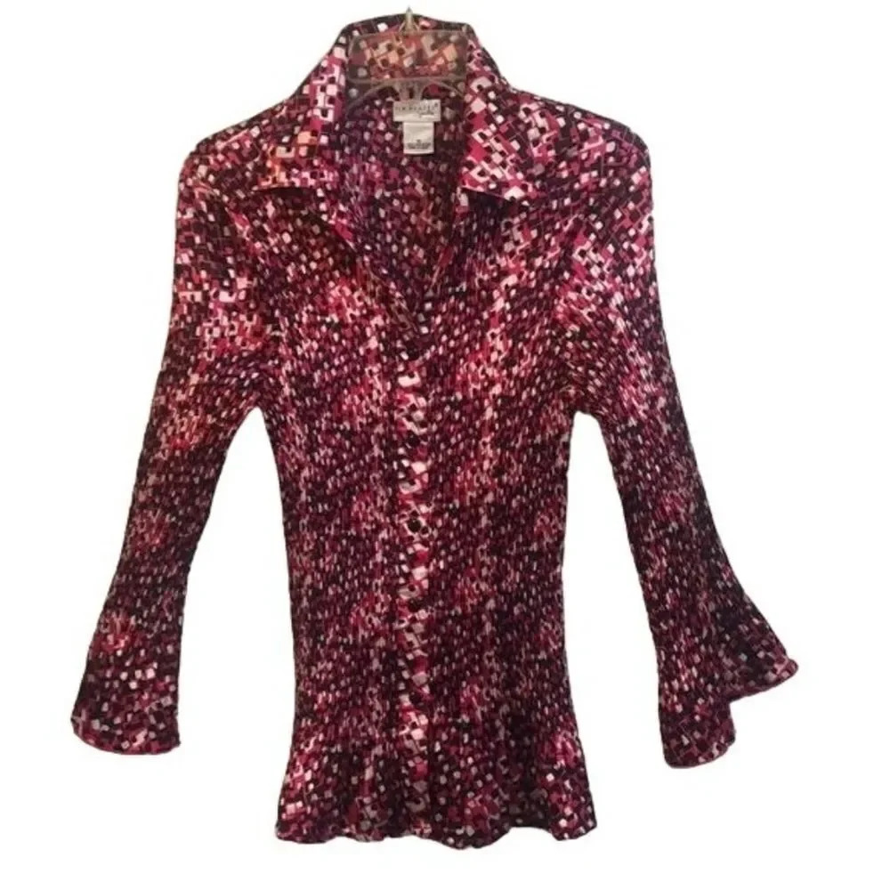 Kim Rogers Signature pink, black, white abstract collared relaxed fit top size M